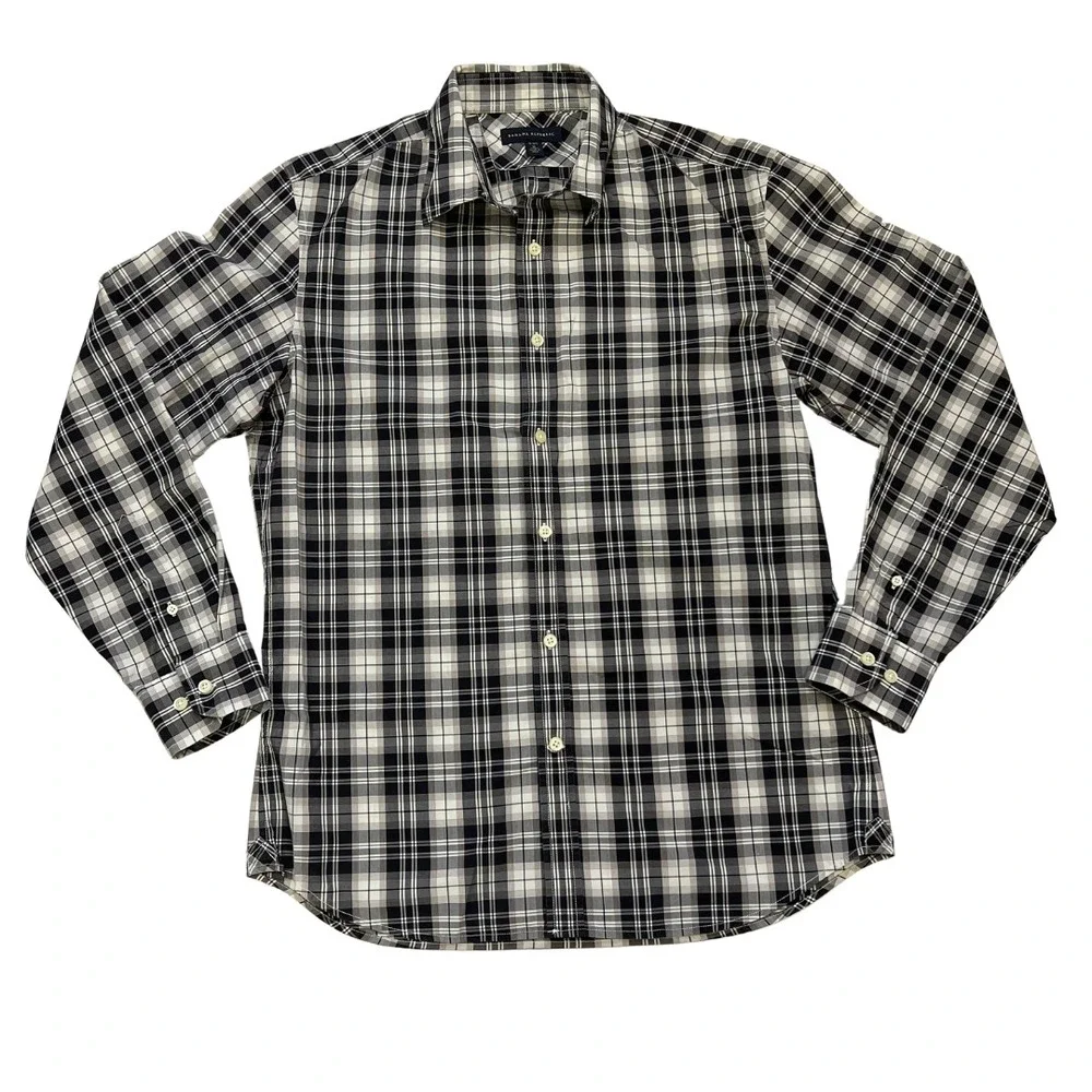 Banana Republic‎ Men's Plaid Button Up Shirt M 15-15.5 Black White Cotton
